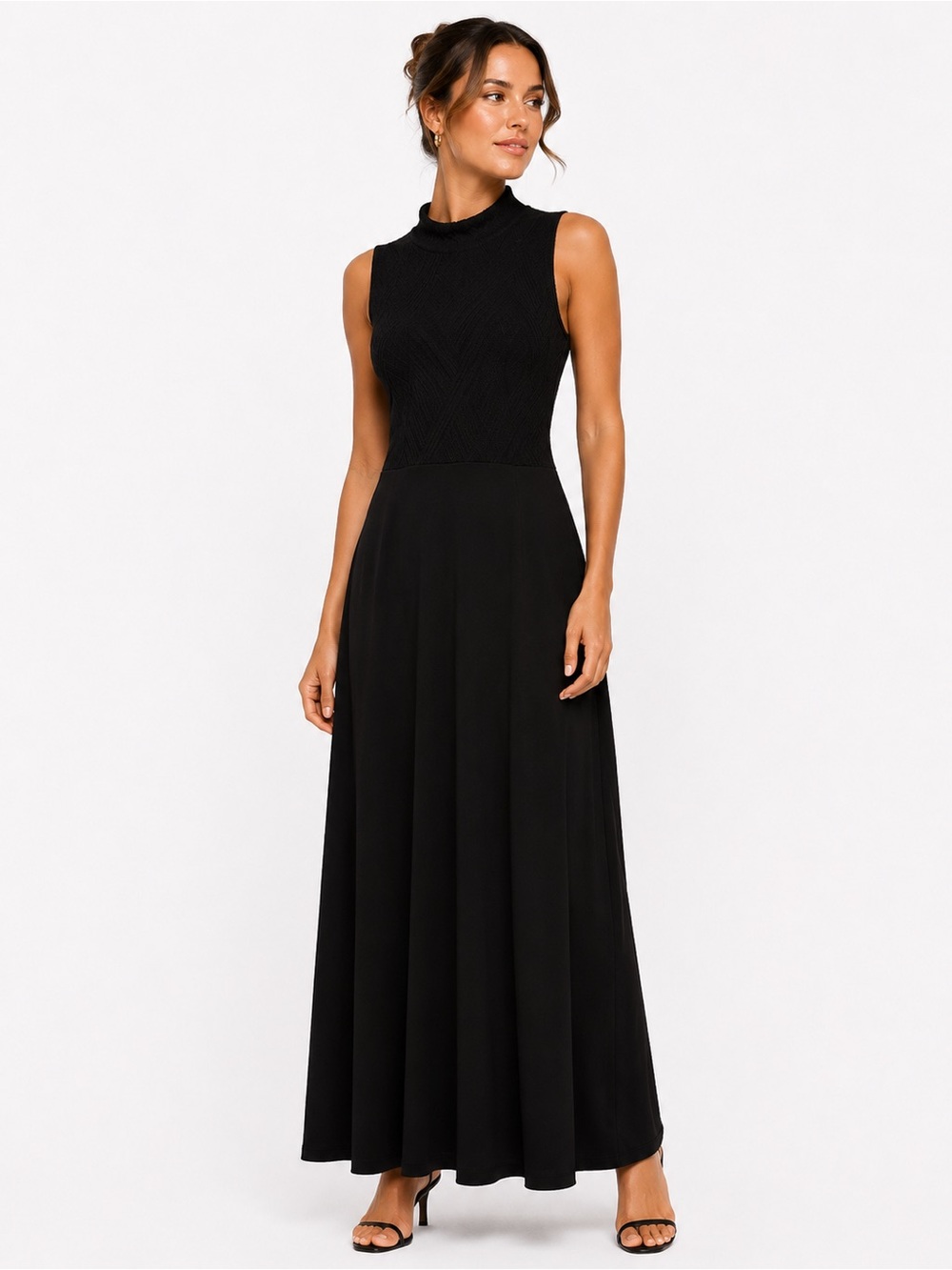 Three Dots Size XS Lace Top Boho Black Sleeveless Mock Neck Maxi Dress